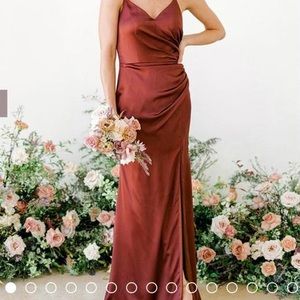Revelry satin bridesmaids dress in terracotta